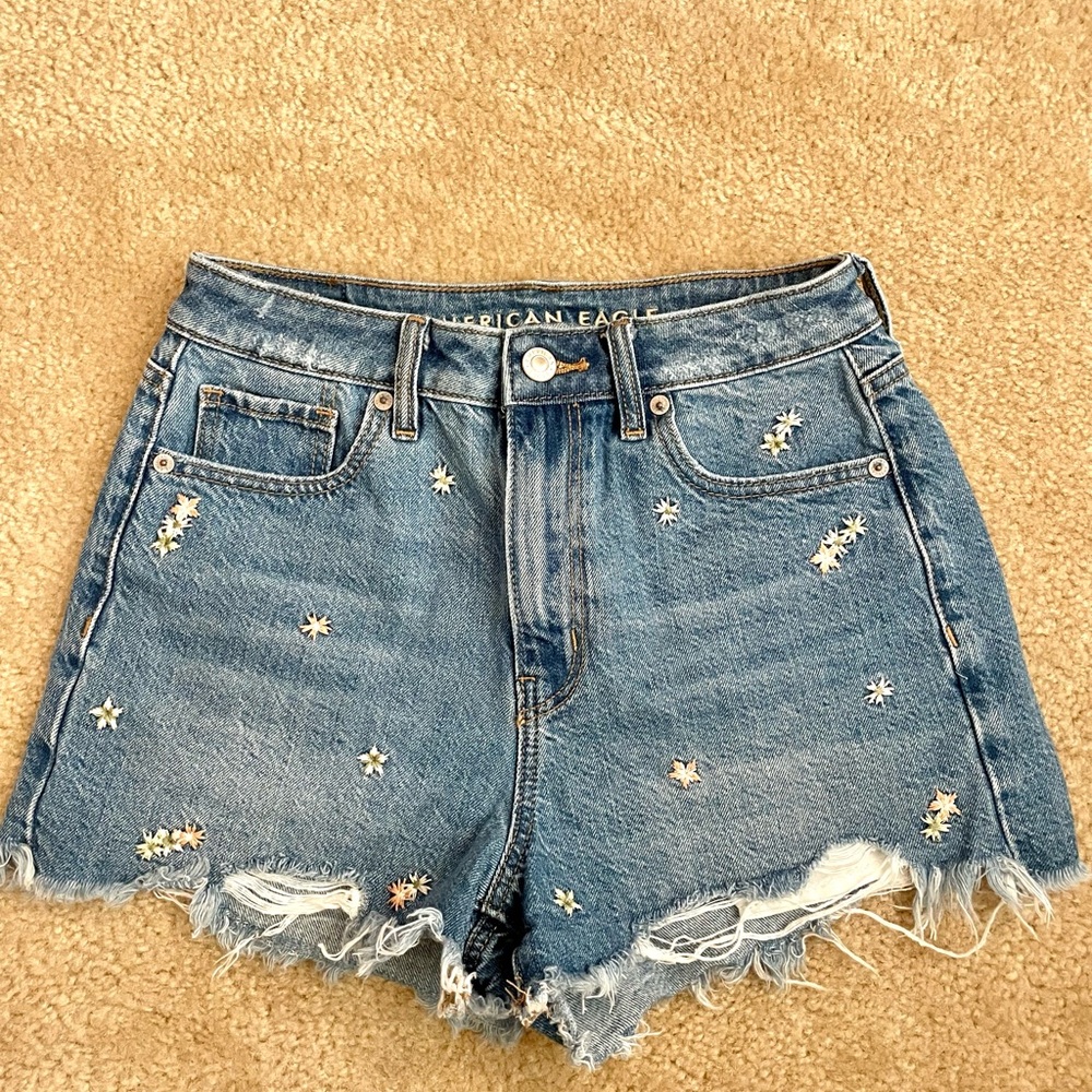 American Eagle Outfitters Women's Embroidered Blue Jean Shorts